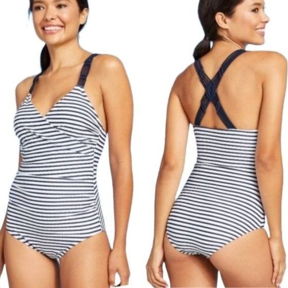 Kona Sol One Piece Swimsuit SMALL & XL Womens Navy Stripe Shirred Macrame Strap - Picture 1 of 10
